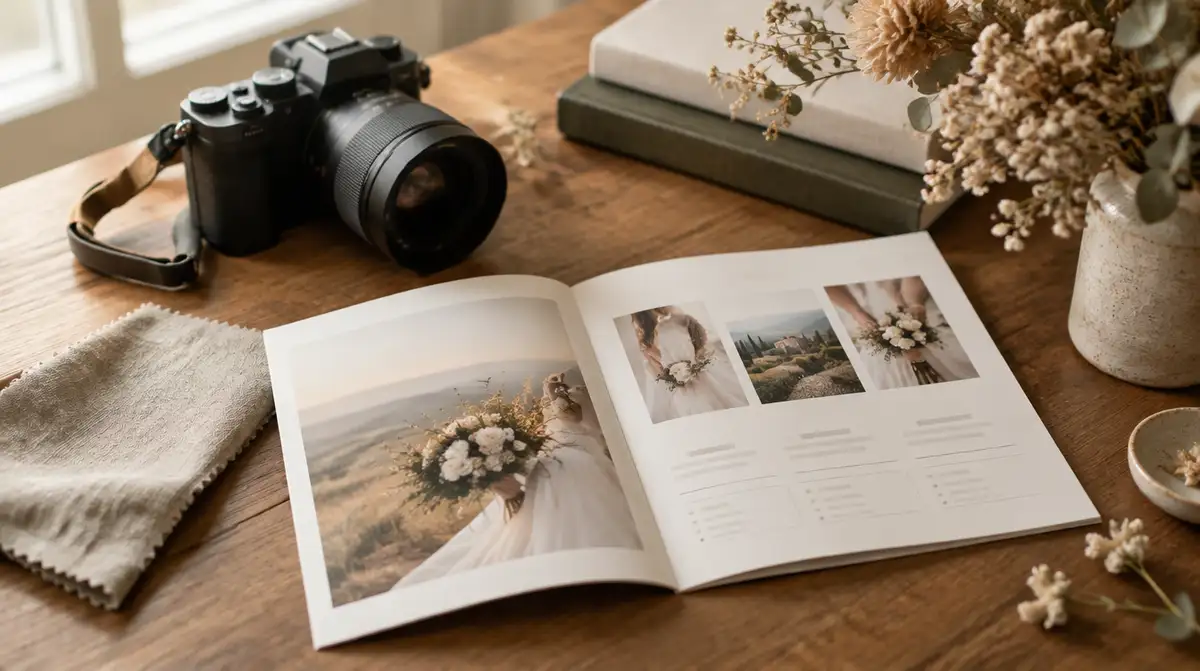A printed photography pricing guide open on a desk next to a camera
