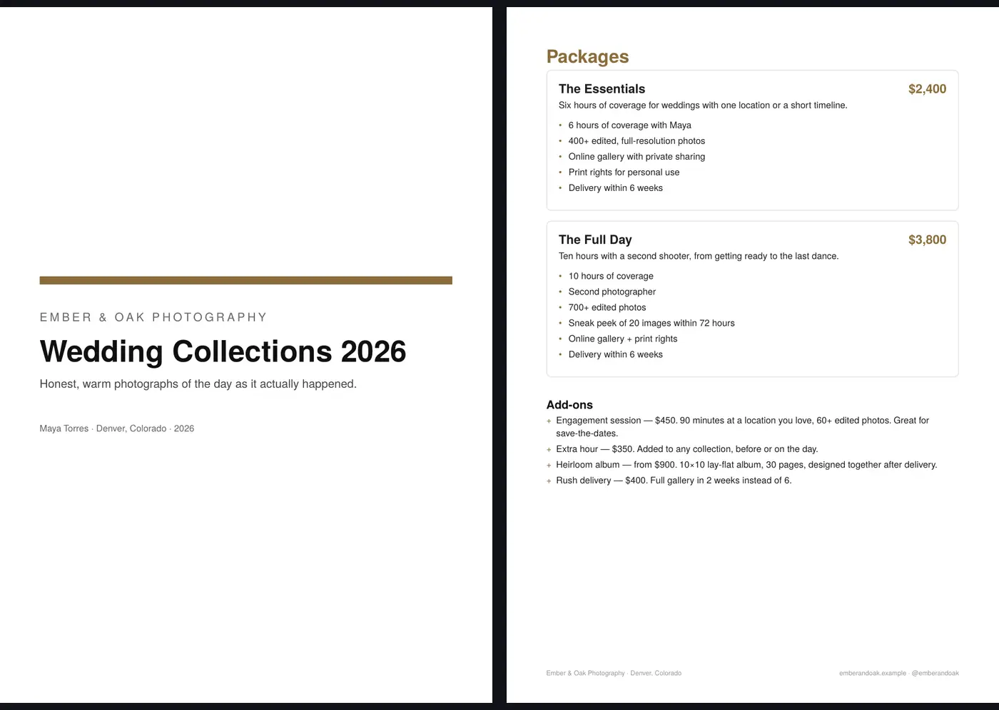 Cover and packages pages of the sample pricing guide PDF