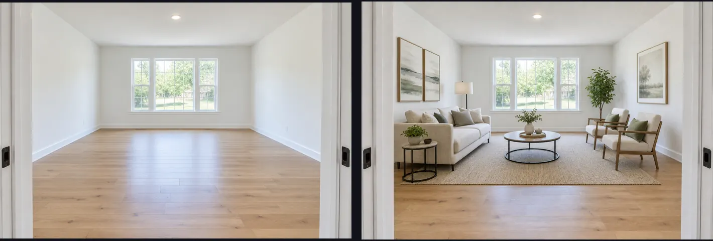 Before and after: an empty living room, then the same photo virtually staged with a sofa, rug, coffee table and armchairs