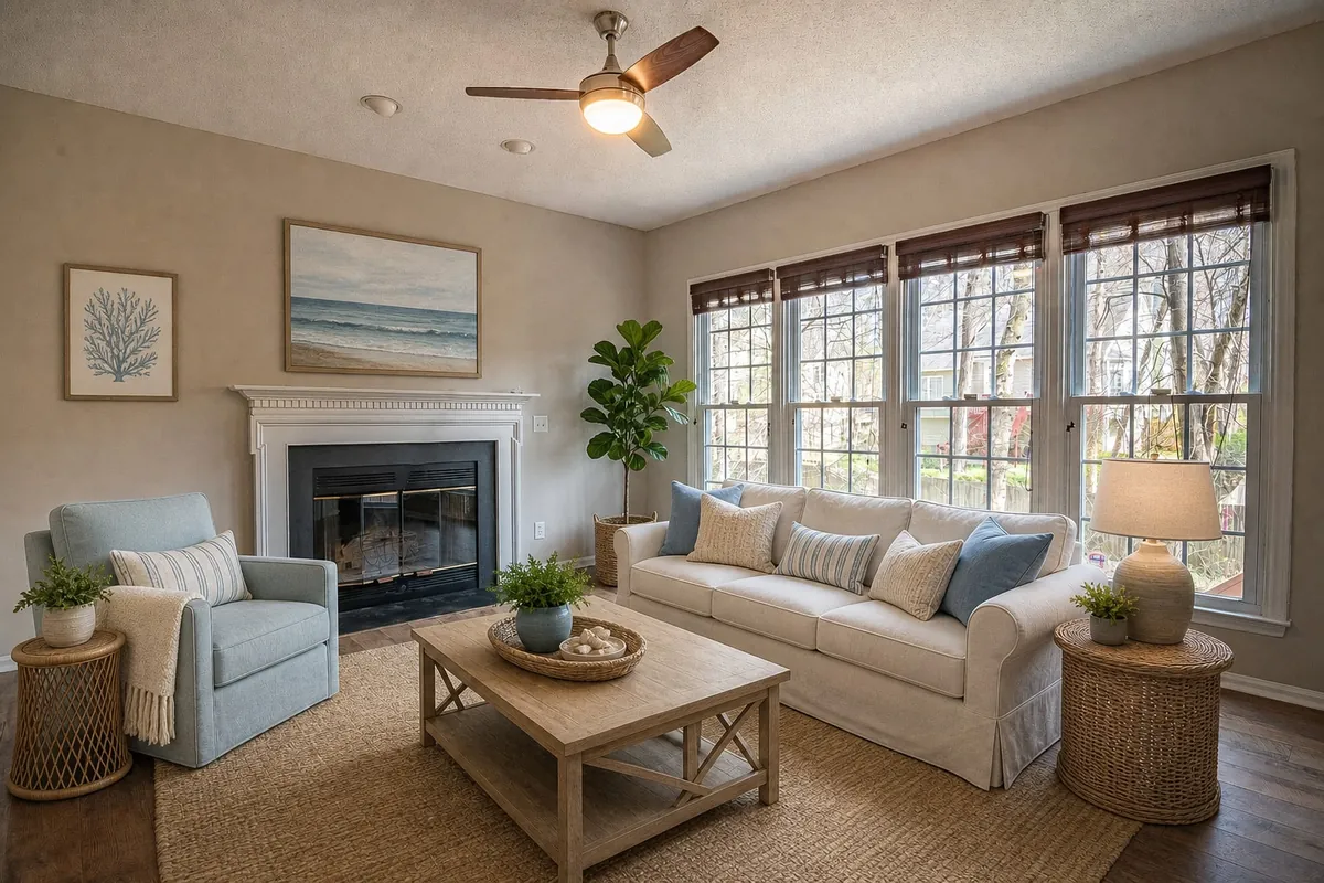 The same living room staged in a coastal style: a white slipcovered sofa with blue and striped pillows, a light-blue armchair, a whitewashed coffee table, wicker side tables, a coral print and a seascape over the mantel