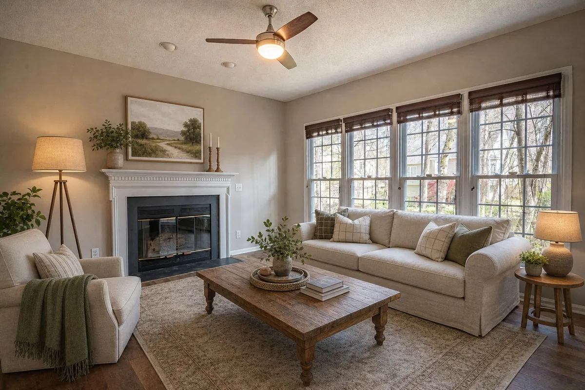 The same living room staged in a farmhouse style: a rolled-arm sofa with plaid pillows, a carved rustic wood coffee table, an armchair with a green throw, a tripod floor lamp and a landscape painting over the mantel