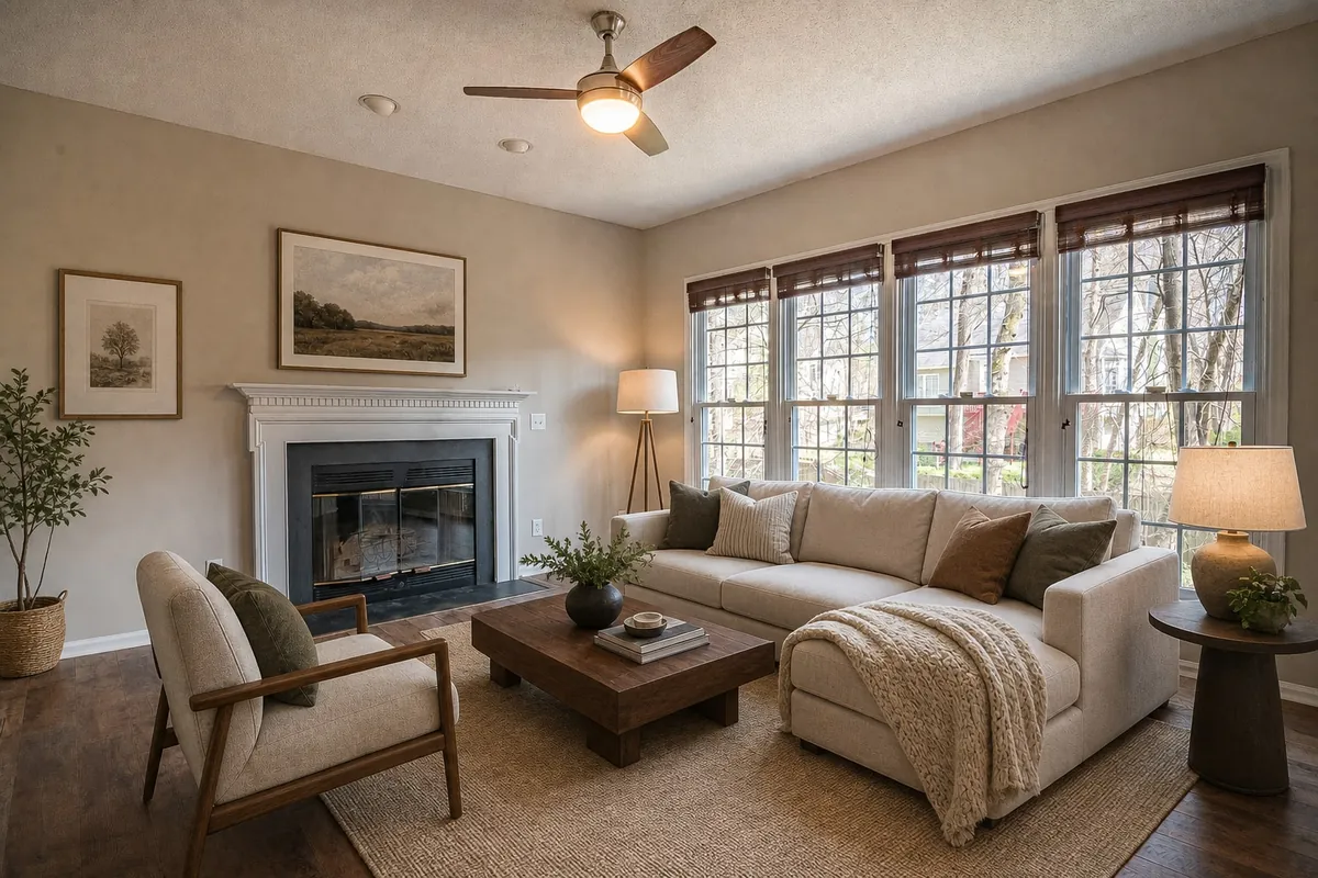 The same living room staged in a luxury style: a cream sectional with a chunky knit throw, a dark wood coffee table, a wood-frame armchair, a tall ceramic table lamp and framed landscape art