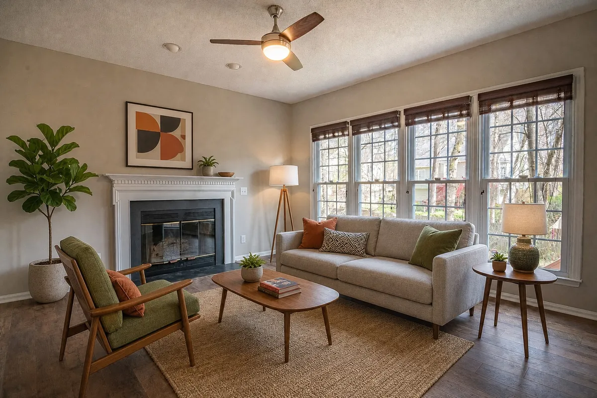 The same living room staged in a mid-century style: a wood-frame lounge chair with olive cushions, an oval walnut coffee table, a light sofa with orange pillows, a fiddle-leaf fig and abstract orange art over the mantel