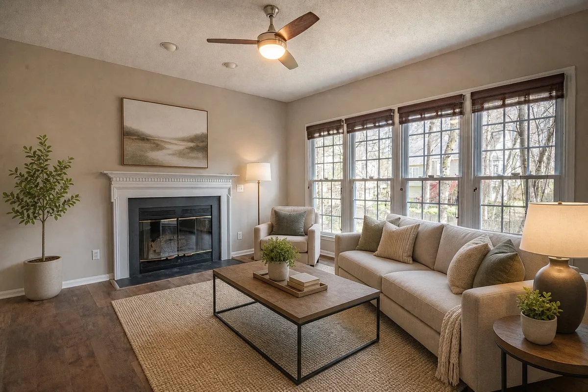 The same living room staged in a modern style: a cream sofa, a black steel coffee table on a jute rug, an armchair, a large table lamp, an olive tree and a landscape print over the mantel