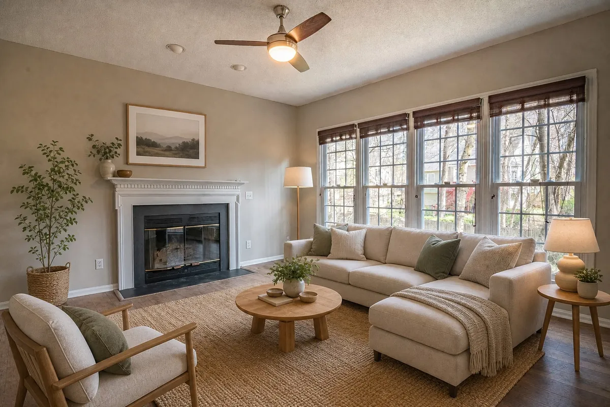 The same living room staged in a Scandinavian style: a cream sofa with a chaise and a knit throw, a round oak coffee table, a wood-frame armchair, a jute rug, a tall plant and a mountain print over the mantel